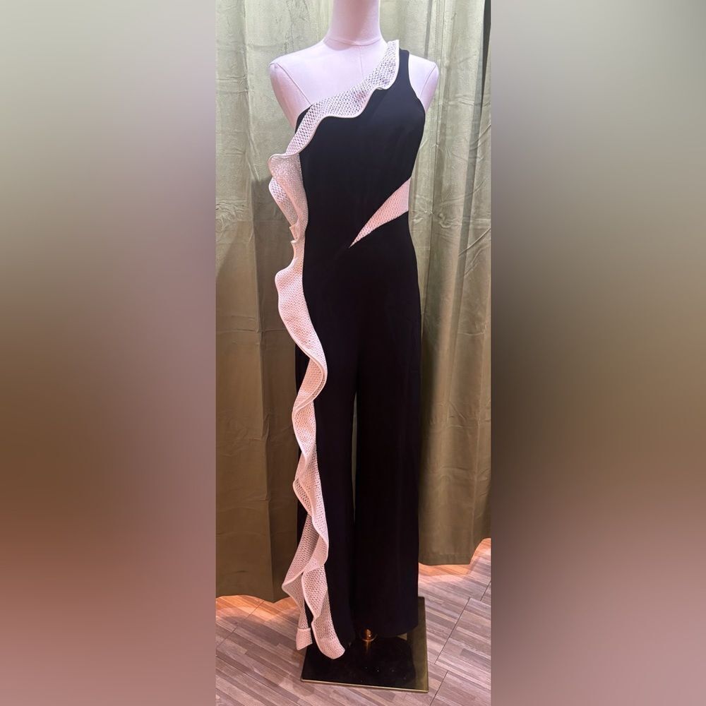 Jonathan Simkhai Black and White ruffle side slit jumpsuit, US4